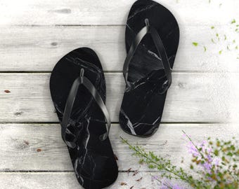 Schwarz Marmor Flip Flops | Marmor Muster Sandalen, Monochrome Strand Schuhe