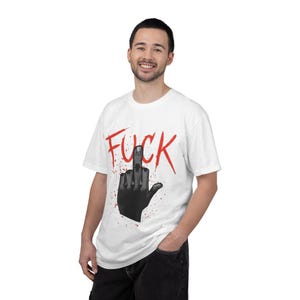 Cyberpunk 2077 V Mittelfinger Illustration Ficken T-Shirt | Bold Red Script, Grafik Punk T-Shirt Bild 9