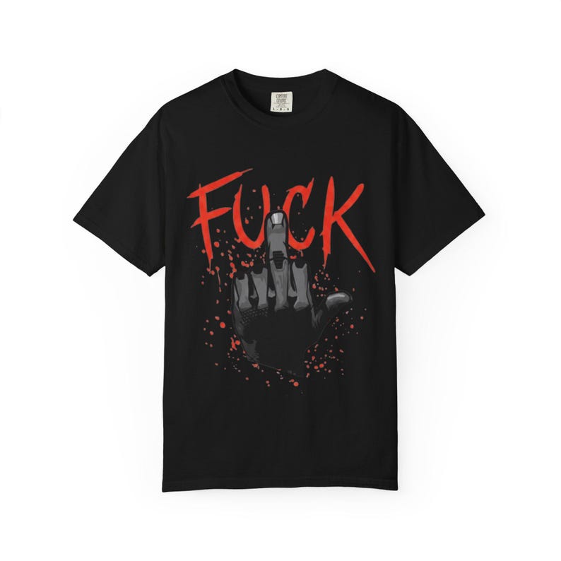 Cyberpunk 2077 V Mittelfinger Illustration Ficken T-Shirt | Bold Red Script, Grafik Punk T-Shirt Bild 2