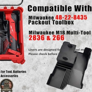 May include: Red toolbox containing a black and red multi-tool, battery, and accessories. The image text reads "Compatible With Milwaukee 48-22-8435 Packout Toolbox" and "Milwaukee M18 Multi-Tool 2836 & 266".
