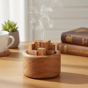 Op de afbeelding: Een houten diffuser voor etherische olie met een cilindrische basis en een getrapte bovenkant van kleine blokken. De blokken bevatten etherische olie en geven geurige stoom af. De diffuser is gemaakt van lichtbruin hout.