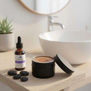 May include: A brown glass bottle of Lavender Bliss 100% Essential Oil with a dropper, a black tin with a wooden lid, and black stones. The items are arranged on a wooden surface near a white sink and a small potted plant.