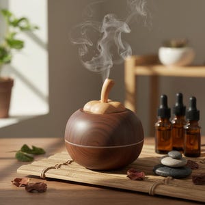 May include: A wooden essential oil diffuser with a light wood top and a dark brown base, emitting a wisp of vapor. Three amber glass bottles and a stack of gray stones are nearby. The diffuser sits on a wooden tray.