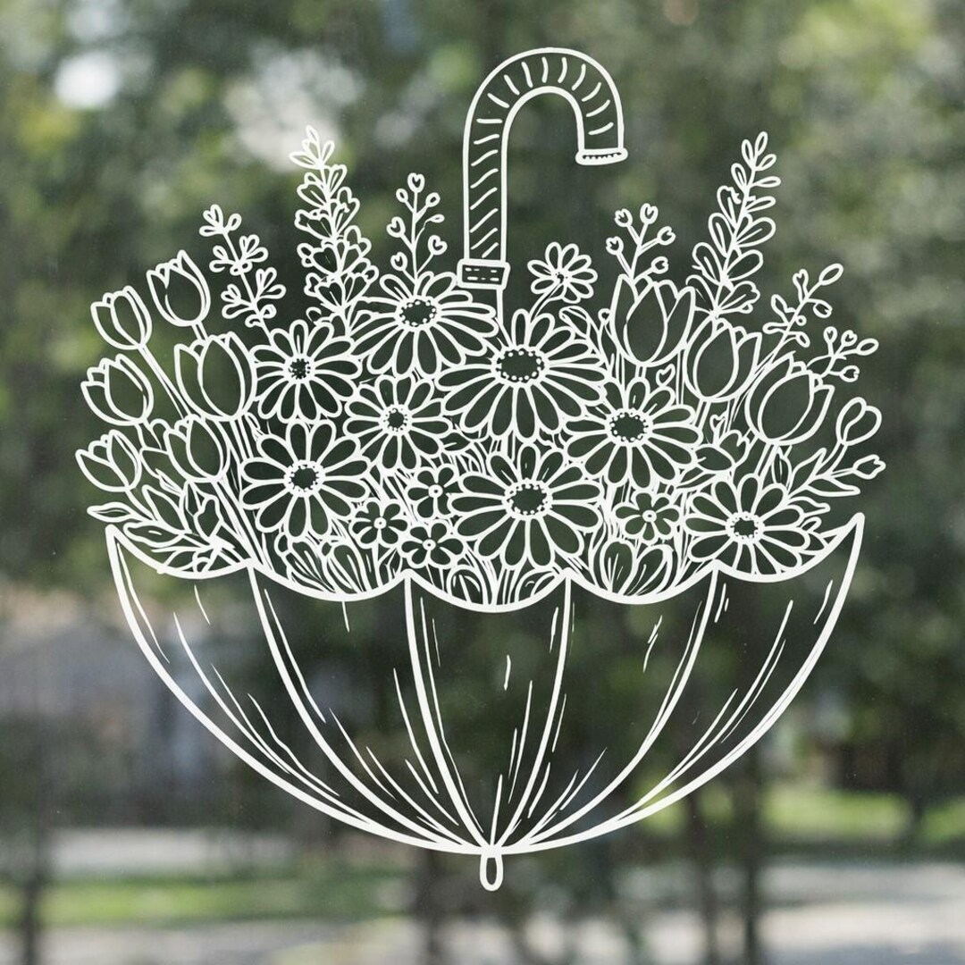 Window Chalk Spring Ideas Spring Umbrella Floral Chalk Art | Window Tracing Template | Digital ...