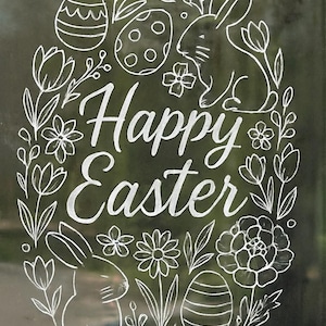 May include: A white chalk drawing on a dark background, featuring the words "Happy Easter" in cursive script. The design includes Easter eggs, flowers, and two rabbits. The style is illustrative, with an Easter theme.