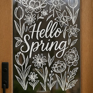 May include: A wooden door with a glass panel displaying a white floral design and the words "Hello Spring". The artwork includes various flowers and leaves, creating a welcoming spring theme.