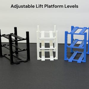 May include: Three adjustable lift platform levels in black, white, and blue. Each platform has a rectangular frame with multiple horizontal supports. The text "Adjustable Lift Platform Levels" is at the top.