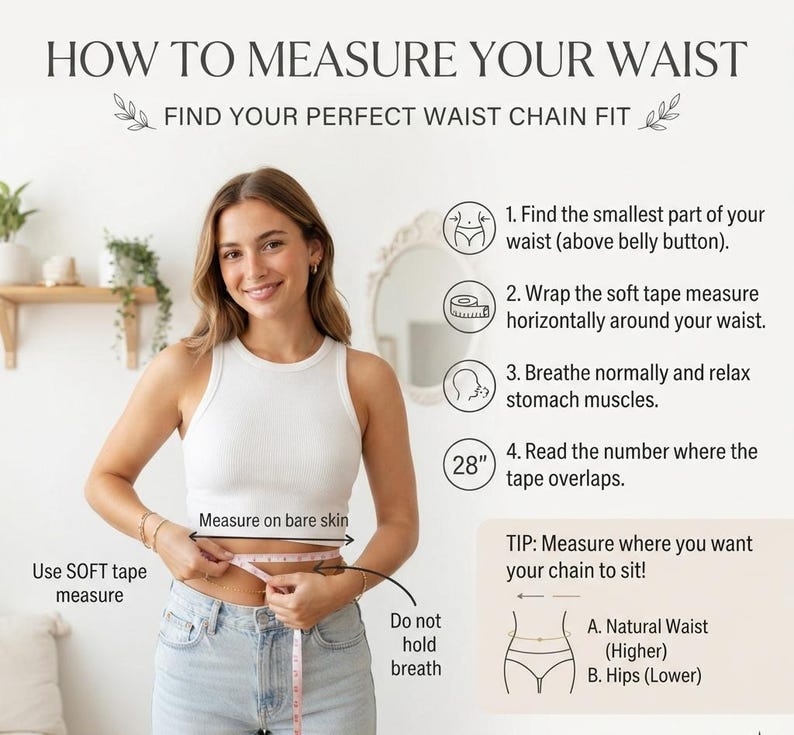 May include: An instructional graphic titled HOW TO MEASURE YOUR WAIST with text explaining how to find a waist chain fit. It includes numbered steps, a tip section, and a diagram showing a soft tape measure around a waist with a 28 inch measurement.