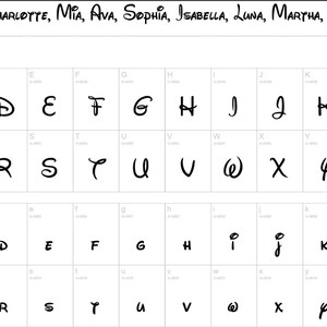 May include: A digital font specimen sheet titled Walt Disney Script v4.1 - 220 Glyphs, displaying uppercase and lowercase letters in a stylized script typeface. The top row features names: Olivia, Emma, Amelia, Charlotte, Mia, Ava, Sophia, Isabella, Luna, Martha, Silvi.