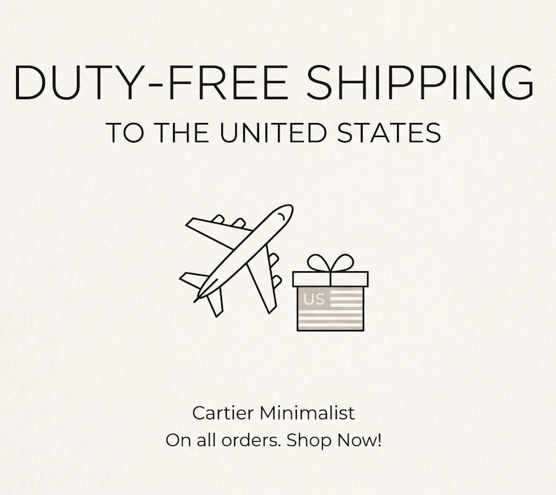 May include: A graphic illustration featuring a black outline of an airplane flying next to a gift box with a bow. The gift box displays the text US and horizontal stripes. The text DUTY-FREE SHIPPING TO THE UNITED STATES appears above the graphic.