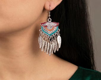 Cartier minimalistische anti-aanslag geoxideerd boho blauwgroen rood blad bedels set met oorbellen hyperallergische sieraden