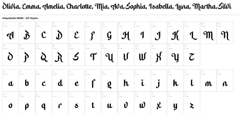 May include: A digital font specimen sheet titled Hidayatullah DEMO - 237 Glyphs, displaying a complete set of uppercase and lowercase letters in a stylized, calligraphic typeface, along with example names like Olivia, Emma, and Amelia.