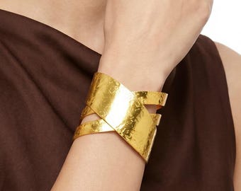 Gold Leaf Adjustable Cuff • Anti Tarnish X Crossover Bangle • Molten Textured Open Cuff • Sculptural Minimalist Jewelry • Gift for Her