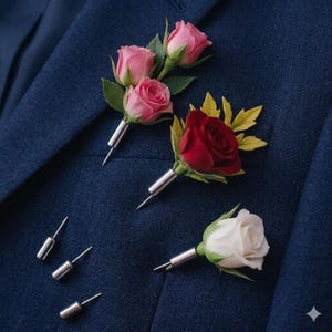 May include: A collection of floral boutonnieres with pink, red, and white roses. Each flower is attached to a silver pin, displayed on a navy blue suit jacket. The boutonnieres are a classic accessory for formal events.