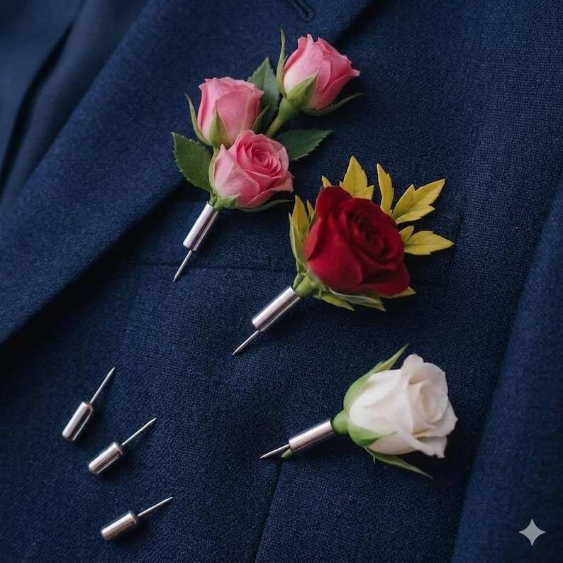 May include: A collection of floral boutonnieres with pink, red, and white roses. Each flower is attached to a silver pin, displayed on a navy blue suit jacket. The boutonnieres are a classic accessory for formal events.