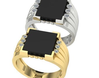 Men's Black Onyx Square Ring • Sterling Silver or Gold Plated Signet Ring for Men • Bold Ring with Moissanite • Gift for Him