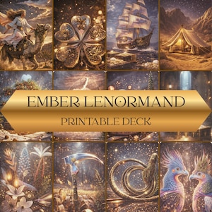 Può includere: Un set di carte illustrate con immagini fantasy. Le carte raffigurano una nave, una donna su un cammello, un quadrifoglio e altre scene mistiche. Il testo "EMBER LENORMAND PRINTABLE DECK" è visualizzato su uno striscione dorato.