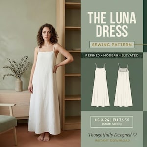 Puede incluir: Un vestido blanco largo hasta el suelo con tirantes finos y tela texturizada. La imagen incluye el texto THE LUNA DRESS SEWING PATTERN, REFINED MODERN ELEVATED, US 0-24 | EU 32-56 (Multi Sized) y Thoughtfully Designed con un icono de corazón.