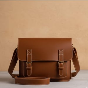 May include: A brown leather messenger bag. The bag has a rectangular shape, a flap closure with two buckle straps, and white stitching. It includes a long, adjustable shoulder strap. The bag is made of smooth leather.