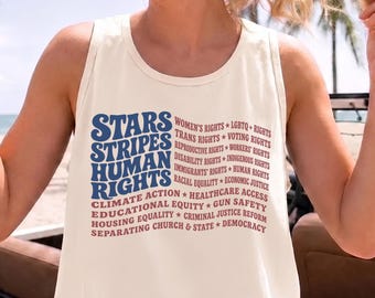Camiseta sin mangas con la bandera de Estados Unidos, barras y estrellas y derechos humanos, camiseta sutilmente anti-Trump, merchandising político, camiseta a favor de la inmigración, camiseta anti-ICE.