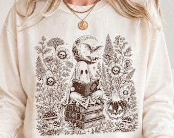 Comfort Colors Vintage Reading Ghost Long Sleeve, Gothic Ghost Reader Shirt, Spooky Book Lover Fall Shirt, Skeleton Floral Halloween Shirt