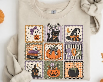 Halloween Sweatshirt, Retro Halloween Shirt, Vintage Spooky Season Tee, Pumpkin Ghost Black Cat Fall Graphic Gift