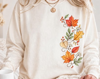Long Sleeve Fall Shirt for Women, Comfort Colors Autumn Tee Shirt with Leaves Design and Long Sleeves