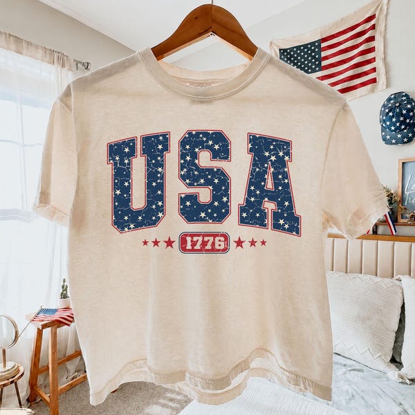 Camiseta Comfort Colors® Vintage USA Boxy, Camiseta del 4 de julio, Camiseta retro con la bandera estadounidense, Camiseta patriótica, Camiseta del Día de la Independencia, Camiseta USA 1776