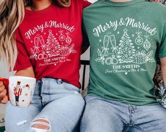 Comfort Colors Custom Couples Christmas Shirts, Merry and Married, First Christmas as Mr and Mrs, Custom Gift for Newlyweds