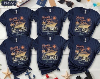 May include: Navy blue Family Cruise 2026 t-shirts. Each shirt features a cruise ship graphic with a sun, palm trees, and the text "Making Memories Together" with a family member's name. The shirts are short-sleeved.