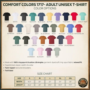 May include: A Comfort Colors 1717 adult unisex t-shirt color chart displaying thirty-one shirt color options with labels including black, white, pepper, seafoam, blue jean, butter, violet, true navy, red, chalky mint, espresso, ice blue, ivory, gray, blue spruce, moss, mustard, flo blue, watermelon, light green, sage, orchid, yam, crimson, denim, crunchberry, chambray, blossom, berry, and bay. Includes a size chart with widths and lengths in inches.