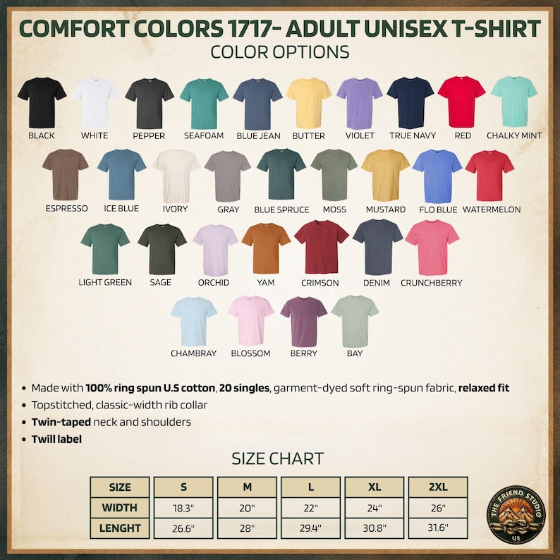 May include: A Comfort Colors 1717 adult unisex t-shirt color chart displaying thirty-one shirt color options with labels including black, white, pepper, seafoam, blue jean, butter, violet, true navy, red, chalky mint, espresso, ice blue, ivory, gray, blue spruce, moss, mustard, flo blue, watermelon, light green, sage, orchid, yam, crimson, denim, crunchberry, chambray, blossom, berry, and bay. Includes a size chart with widths and lengths in inches.