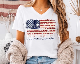 Womens Patriotic V Neck Shirt, One Nation Under God Floral Tee, America 250 Shirt, Fourth of July Wildflower Top,250th Anniversary VNeck Tee