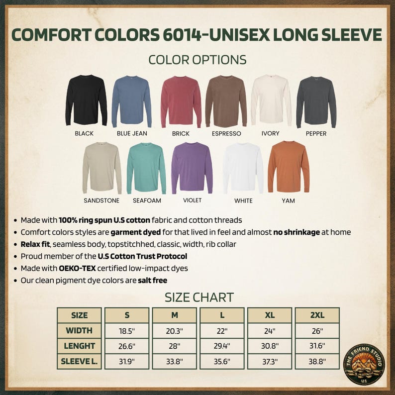 Puede incluir: Imagen de una camiseta de manga larga unisex Comfort Colors 6014. Opciones de color: negro, azul vaquero, ladrillo, espresso, marfil, pimienta, arenisca, espuma de mar, violeta, blanco y &ntilde;ame. Tambi&eacute;n se incluye una tabla de tallas.