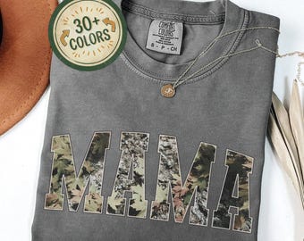 Comfort Colors® Hunting Mama T-Shirt, Camo Mama Shirt, Mother's Day Gift, Camouflage Mama T-Shirt, Varsity Mama Shirt, Retro Mam Shirt