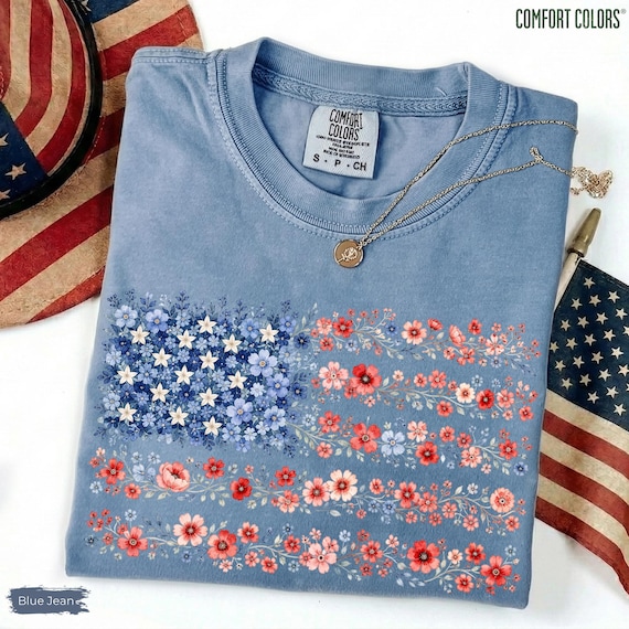 Comfort Colors® Floral USA Flag Shirt, Floral American Flag Shirt, Womens USA Shirt, Patriotic Gift, Women's Independence Day Gift