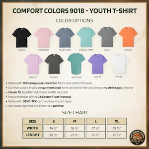 Puede incluir: Imagen de una camiseta juvenil Comfort Colors 9018 en varios colores, incluyendo negro, rosa, azul y naranja. La imagen incluye una tabla de tallas con medidas en pulgadas y detalles sobre la tela y el te&ntilde;ido.