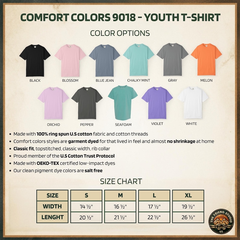 Puede incluir: Imagen de una camiseta juvenil Comfort Colors 9018 en varios colores, incluyendo negro, rosa, azul y naranja. La imagen incluye una tabla de tallas con medidas en pulgadas y detalles sobre la tela y el te&ntilde;ido.