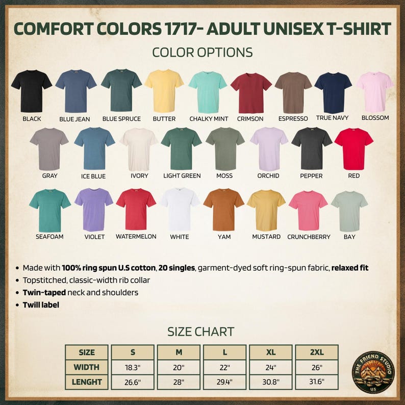Puede incluir: Una carta de colores para camisetas unisex para adultos Comfort Colors 1717, que muestra varias opciones de color como negro, azul vaquero y carmes&iacute;. La tabla incluye una gu&iacute;a de tallas con medidas en cm para ancho y largo, y detalles sobre la tela.