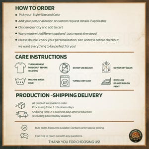 May include: An informational graphic with dark green text on a light background. It outlines ordering steps, care instructions with icons for washing, drying, and ironing, and production details. A circular logo is in the bottom right corner.