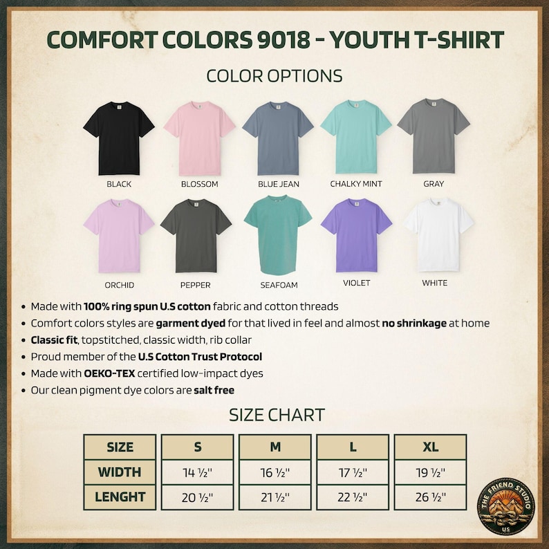 May include: A Comfort Colors 9018 youth t-shirt color chart displaying ten short-sleeve shirts in black, blossom, blue jean, chalky mint, gray, orchid, pepper, seafoam, violet, and white. Includes product features, fabric details, and a size chart.