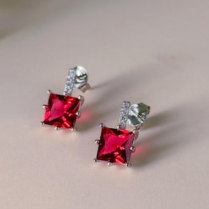 Sterling Silver Ruby Red Square Stud Earrings | Minimalist Crystal Studs | Valentine Gift for Her
