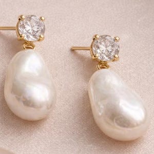 Baroque Pearl Drop Earrings, CZ 925 Sterling Silver Dangle Earrings, Artistic Irregular Pearl Earrings, Elegant Statement Jewelry Gift