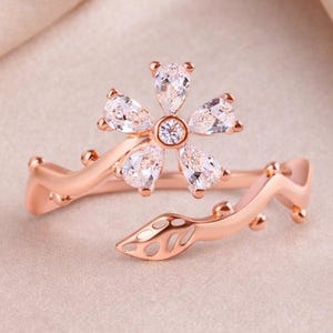 Rose Gold Pear Cut CZ Ring | Floral Open Wrap Ring | 925 Sterling Silver Ring | Adjustable Leaf Band | Dainty Engagement Ring