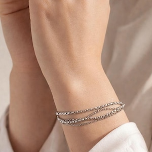 Multi Layered Chain Bracelet | 925 Sterling Silver CZ Bracelet | Curb & Cable Chain Bracelet | Stackable Bracelet | Gift for Her USA UK