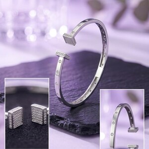 Made to order Geometric Square End Cuff Bracelet, 925 Sterling Silver, CZ Open Cuff Bracelet, Modern Minimalist Gift