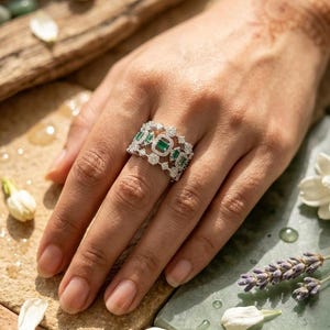 Green Emerald CZ Wide Band Ring|925 Sterling Silver Halo Cluster Cocktail Ring|Open Lattice Floral Eternity Ring|Statement Ring|Gift for her