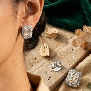 2.5 CT Emerald Cut Moissanite Stud Earrings|Sterling Silver Bridal Studs|Octagonal Studs|Silver Earrings for Women|Perfect Gifting Choice