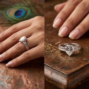 Könnte beinhalten: Ein silberner Ring mit einem birnenförmigen Diamanten, der von rechteckigen Diamanten am Band flankiert wird. Der Ring wird an einer Hand und auf einer Holzoberfläche gezeigt. Der zentrale Diamant ist klar und reflektiert das Licht.
