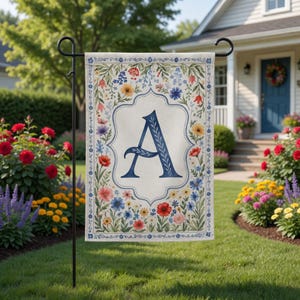 Personalized Crest Garden Flag, floral Preppy Coquette Initial Yard decor, Grandmillennial Decor, Porch Banner, Watercolor Chinoiserie Gift